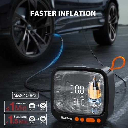 NEXPOW Tire Inflator Portable Air Compressor  180PSI Rechargeable Air Pump for Car Tires with Dual Digital Gauge & Auto Shut Off  Tire Pump for Car  Motorcycle  Bike  and Ball