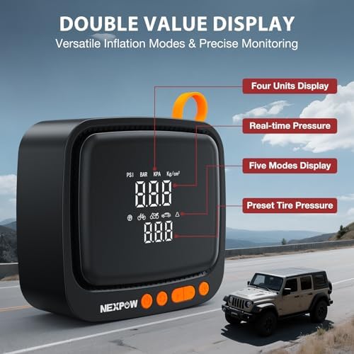 NEXPOW Tire Inflator Portable Air Compressor  180PSI Rechargeable Air Pump for Car Tires with Dual Digital Gauge & Auto Shut Off  Tire Pump for Car  Motorcycle  Bike  and Ball