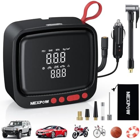 NEXPOW Tire Inflator Portable Air Compressor  180PSI Rechargeable Air Pump for Car Tires with Dual Digital Gauge & Auto Shut Off  Tire Pump for Car  Motorcycle  Bike  and Ball