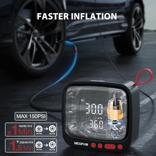 NEXPOW Tire Inflator Portable Air Compressor  180PSI Rechargeable Air Pump for Car Tires with Dual Digital Gauge & Auto Shut Off  Tire Pump for Car  Motorcycle  Bike  and Ball