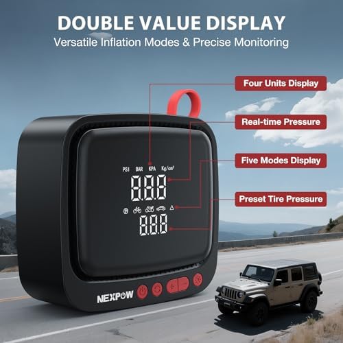 NEXPOW Tire Inflator Portable Air Compressor  180PSI Rechargeable Air Pump for Car Tires with Dual Digital Gauge & Auto Shut Off  Tire Pump for Car  Motorcycle  Bike  and Ball
