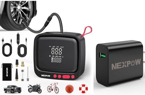 NEXPOW Tire Inflator Portable Air Compressor  180 PSI Air Pump for Car Tires with Dual Digital Pressure Gauge & Auto Shut Off  Portable Tire Pump for Car  Motorcycle  Bicycle  Ball and More