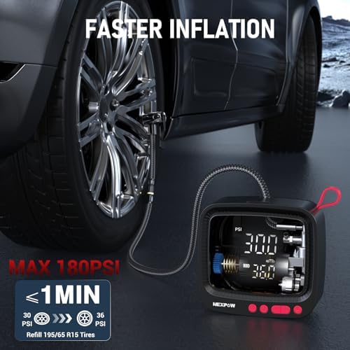 NEXPOW Tire Inflator Portable Air Compressor  180 PSI Air Pump for Car Tires with Dual Digital Pressure Gauge & Auto Shut Off  Portable Tire Pump for Car  Motorcycle  Bicycle  Ball and More