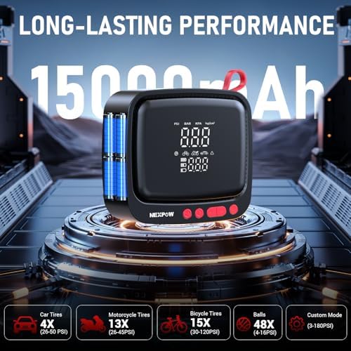 NEXPOW Tire Inflator Portable Air Compressor  180 PSI Air Pump for Car Tires with Dual Digital Pressure Gauge & Auto Shut Off  Portable Tire Pump for Car  Motorcycle  Bicycle  Ball and More