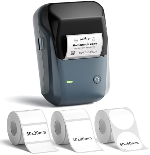 NIIMBOT B1 Label Maker Machine with 3 Tapes  50x30mm/50x80mm/ 50x50mm Round Labels  Bluetooth Thermal Label Printer for Small Business Office Home School  Blue  1 Printer 3 Roll Label 