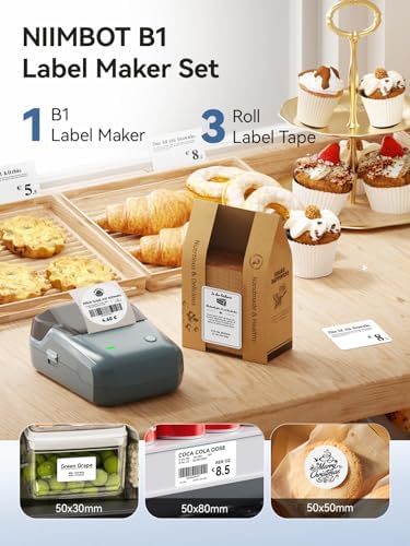 NIIMBOT B1 Label Maker Machine with 3 Tapes  50x30mm/50x80mm/ 50x50mm Round Labels  Bluetooth Thermal Label Printer for Small Business Office Home School  Blue  1 Printer 3 Roll Label 