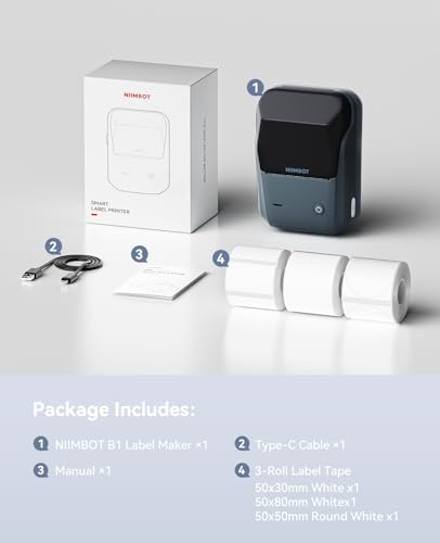 NIIMBOT B1 Label Maker Machine with 3 Tapes  50x30mm/50x80mm/ 50x50mm Round Labels  Bluetooth Thermal Label Printer for Small Business Office Home School  Blue  1 Printer 3 Roll Label 