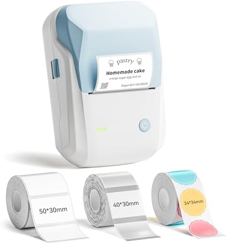 NIIMBOT B1 Label Maker Machine with 3 Tapes  50x30mm/50x80mm/ 50x50mm Round Labels  Bluetooth Thermal Label Printer for Small Business Office Home School  Blue  1 Printer 3 Roll Label 