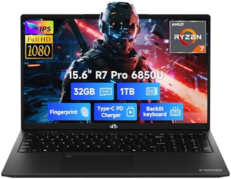 NIMO 15 6 Light Gaming Laptop  8 Cores AMD Ryzen 7 Pro 6850U 32GB LPDDR5 RAM 1TB SSD  Beat i7 1360P Up to 4 7GHz  AMD Radeon 680M GPU IPS FHD Computer with 100W Type C Backlit Keyboard Fingerprint