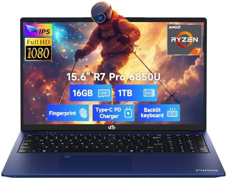 NIMO 15 6 Light Gaming Laptop  8 Cores AMD Ryzen 7 Pro 6850U 32GB LPDDR5 RAM 1TB SSD  Beat i7 1360P Up to 4 7GHz  AMD Radeon 680M GPU IPS FHD Computer with 100W Type C Backlit Keyboard Fingerprint