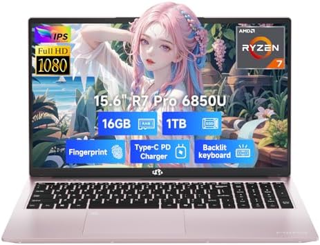 NIMO 15 6 Light Gaming Laptop  8 Cores AMD Ryzen 7 Pro 6850U 32GB LPDDR5 RAM 1TB SSD  Beat i7 1360P Up to 4 7GHz  AMD Radeon 680M GPU IPS FHD Computer with 100W Type C Backlit Keyboard Fingerprint