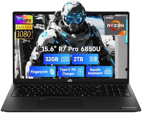 NIMO 15 6 Light Gaming Laptop  8 Cores AMD Ryzen 7 Pro 6850U 32GB LPDDR5 RAM 1TB SSD  Beat i7 1360P Up to 4 7GHz  AMD Radeon 680M GPU IPS FHD Computer with 100W Type C Backlit Keyboard Fingerprint