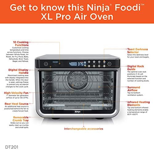NINJA DT201 Foodi 10 in 1 XL Pro Air Fry Digital Countertop Convection Toaster Oven with Dehydrate and Reheat  1800 Watts  Stainless Steel Finish  Renewed 