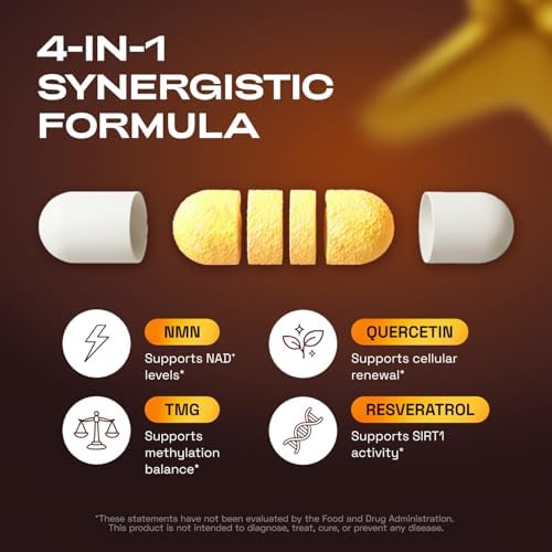 NMN Supplement 1000mg   4 in 1 NAD Supplement with Quercetin   TMG   Resveratrol   NMNH Alternative   Supports Cellular Energy & NAD  Levels   60 Capsules   Third Party Tested  1 Pack