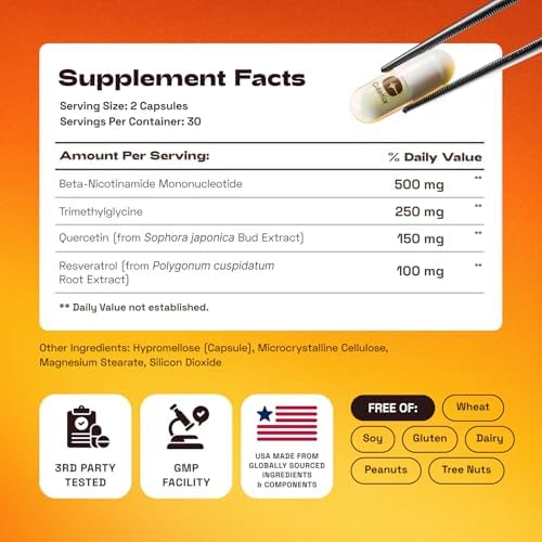 NMN Supplement 1000mg   4 in 1 NAD Supplement with Quercetin   TMG   Resveratrol   NMNH Alternative   Supports Cellular Energy & NAD  Levels   60 Capsules   Third Party Tested  1 Pack