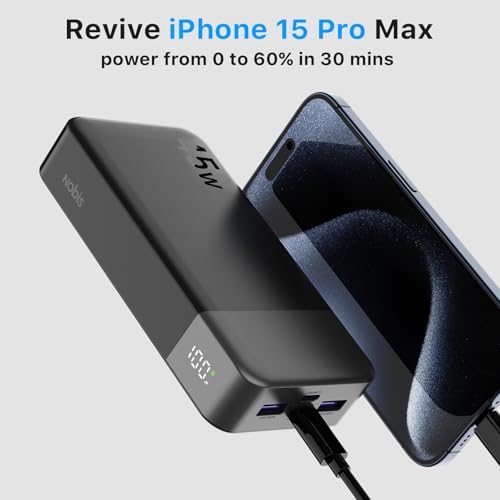 NOBIS Portable Charger  20000mAh Power Bank  45W Power Bank Fast Charging  Battery Pack with C to C Cable  Battery Bank with Digital Display for iPhone Android Laptop etc Black 