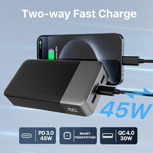 NOBIS Portable Charger  20000mAh Power Bank  45W Power Bank Fast Charging  Battery Pack with C to C Cable  Battery Bank with Digital Display for iPhone Android Laptop etc Black 