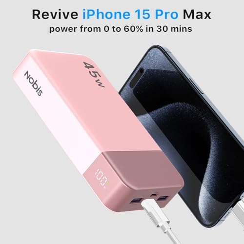 NOBIS Portable Charger  20000mAh Power Bank  45W Power Bank Fast Charging  Battery Pack with C to C Cable  Battery Bank with Digital Display for iPhone Android Laptop etc Black 