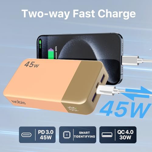 NOBIS Portable Charger  20000mAh Power Bank  45W Power Bank Fast Charging  Battery Pack with C to C Cable  Battery Bank with Digital Display for iPhone Android Laptop etc Black 