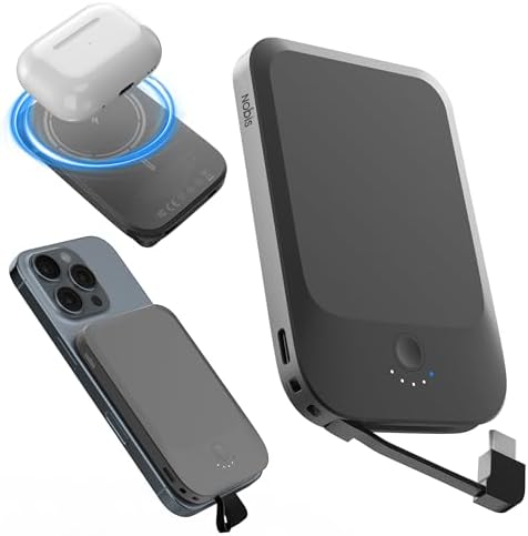 NOBIS Slim Magnetic Power Bank 5000mAh with Built in Cable Wireless Portable Charger QC 3 0 22 5W PD Fast Charging USB C in/Out  for MagSafe Battery Pack for Phone 16 Android  Black 