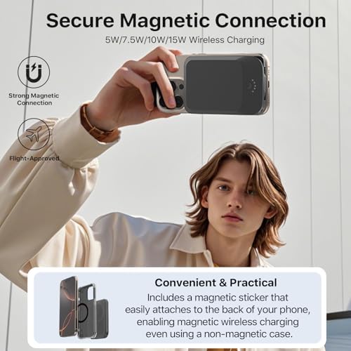 NOBIS Slim Magnetic Power Bank 5000mAh with Built in Cable Wireless Portable Charger QC 3 0 22 5W PD Fast Charging USB C in/Out  for MagSafe Battery Pack for Phone 16 Android  Black 