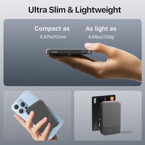 NOBIS Slim Magnetic Power Bank 5000mAh with Built in Cable Wireless Portable Charger QC 3 0 22 5W PD Fast Charging USB C in/Out  for MagSafe Battery Pack for Phone 16 Android  Black 
