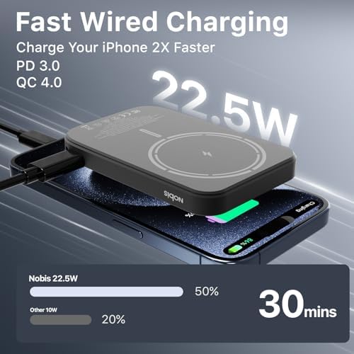 NOBIS Slim Magnetic Power Bank 5000mAh with Built in Cable Wireless Portable Charger QC 3 0 22 5W PD Fast Charging USB C in/Out  for MagSafe Battery Pack for Phone 16 Android  Black 