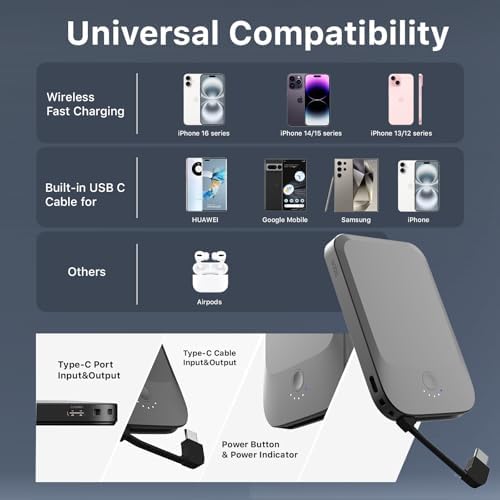 NOBIS Slim Magnetic Power Bank 5000mAh with Built in Cable Wireless Portable Charger QC 3 0 22 5W PD Fast Charging USB C in/Out  for MagSafe Battery Pack for Phone 16 Android  Black 