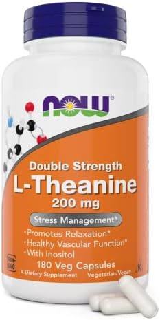 NOW Foods L Theanine  Double Strength 200 mg Per Cap   180 Veg Capsules   Enhanced with 100mg Inositol   Vegetarian  Non GMO   Ltheanine 200mg Supplement