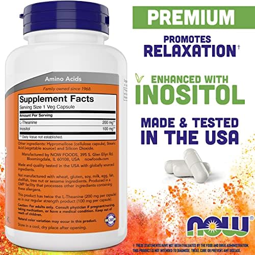 NOW Foods L Theanine  Double Strength 200 mg Per Cap   180 Veg Capsules   Enhanced with 100mg Inositol   Vegetarian  Non GMO   Ltheanine 200mg Supplement