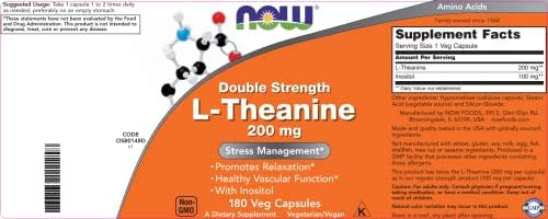 NOW Foods L Theanine  Double Strength 200 mg Per Cap   180 Veg Capsules   Enhanced with 100mg Inositol   Vegetarian  Non GMO   Ltheanine 200mg Supplement