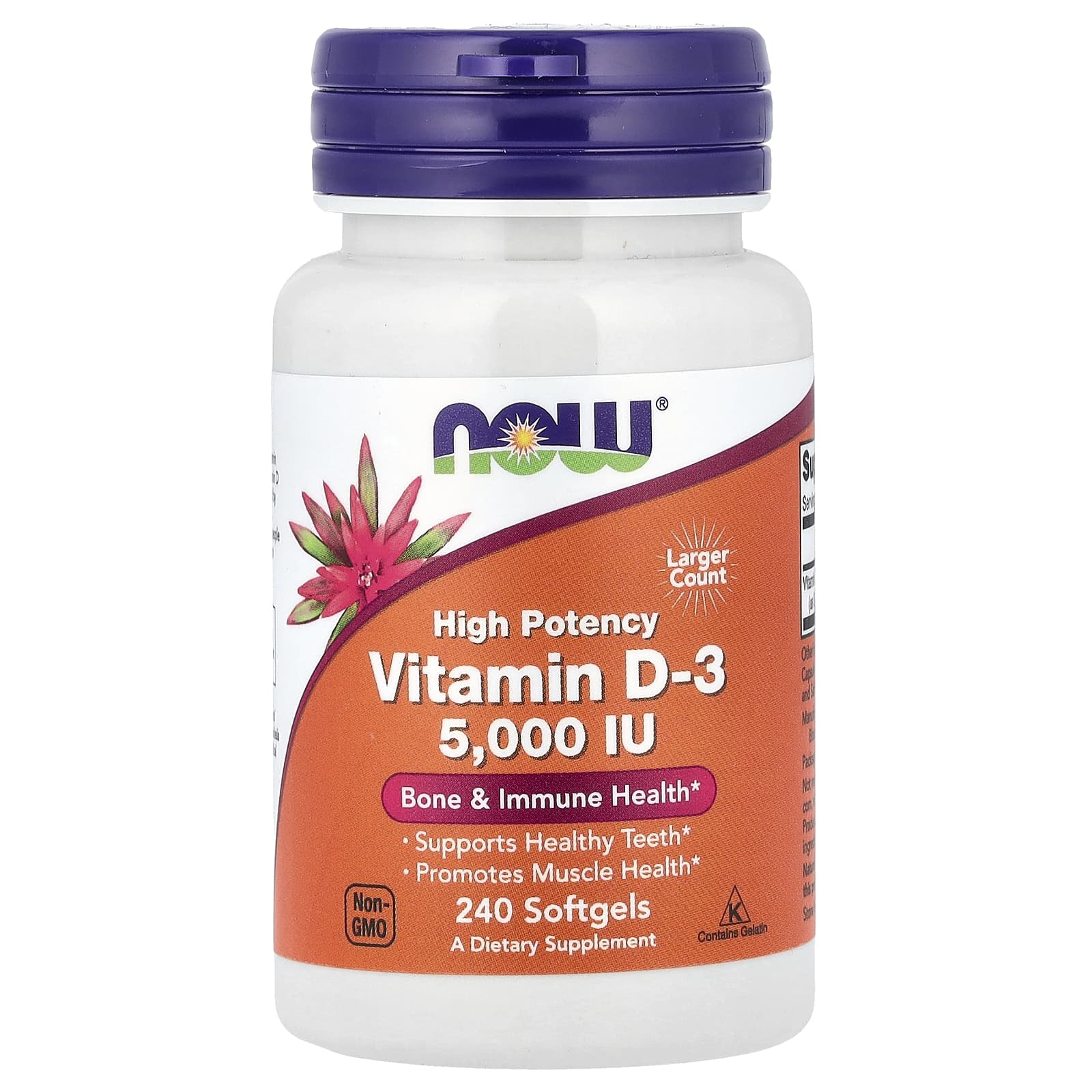 NOW Foods, Vitamin D-3, Alta Potencia, 5,000 UI, 240 cápsulas blandas
