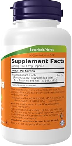NOW Supplements  Rhodiola 500 mg  Helps Body Adapt to Stress of Daily Life   Adaptogenic Herb   60 Veg Capsules
