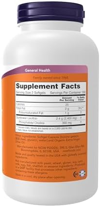 NOW Supplements  Sunflower Lecithin 1200 mg with Phosphatidyl Choline  200 Softgels