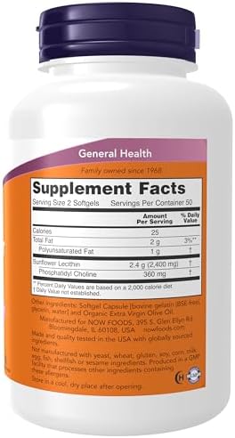 NOW Supplements  Sunflower Lecithin 1200 mg with Phosphatidyl Choline  200 Softgels