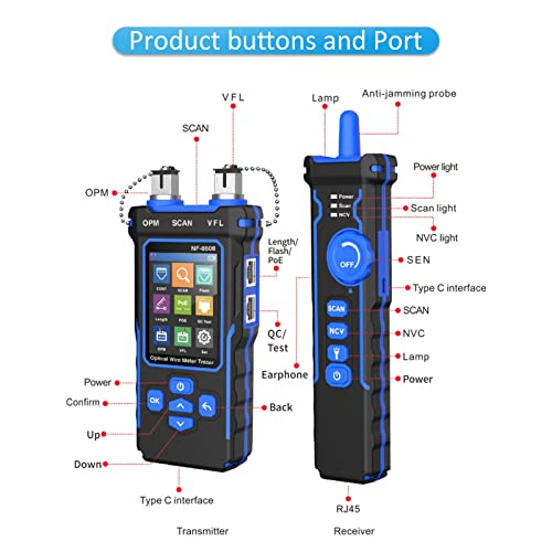 NOYAFA NF 8508 Network Cable Tester with Optical Power Meter  CAT5 CAT6 Cable Toner Ethernet Cable Tester  RJ45 Network Tester  VFL PoE QC Test Wire Tracer Port Flashing 200M Length Test