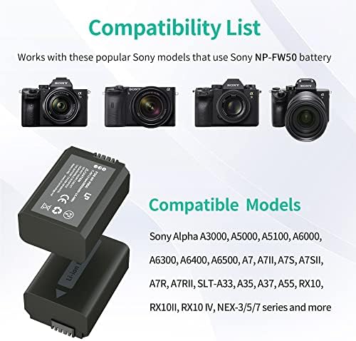 NP FW50 Battery Charger  LP Charger Compatible with Sony Alpha A6000  A6400  A6100  A6300  A6500  A5100  A7  A7 II  A7R  A7R II  A7R2  A7S  A7S II  A7S2  A5000  A3000  A55  RX10  NEX 3/5/7 Series