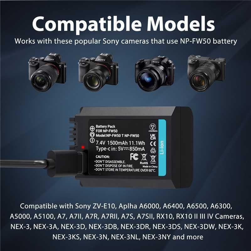 NP FW50 Battery Charger  LP Charger Compatible with Sony Alpha A6000  A6400  A6100  A6300  A6500  A5100  A7  A7 II  A7R  A7R II  A7R2  A7S  A7S II  A7S2  A5000  A3000  A55  RX10  NEX 3/5/7 Series