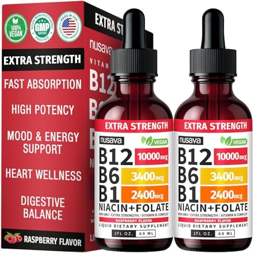NUSAVA  2 Pack  Extra Strength Liquid Vitamin B12 Sublingual Vitamin B Complex   B12 Drops 10000mcg   Methylcobalamin for Energy  Brain  and Heart Support  Raspberry Flavor  2 floz  80 Servings