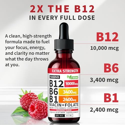 NUSAVA  2 Pack  Extra Strength Liquid Vitamin B12 Sublingual Vitamin B Complex   B12 Drops 10000mcg   Methylcobalamin for Energy  Brain  and Heart Support  Raspberry Flavor  2 floz  80 Servings