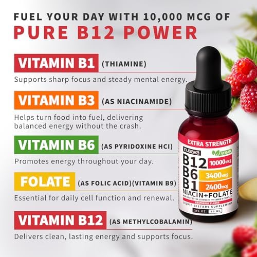 NUSAVA  2 Pack  Extra Strength Liquid Vitamin B12 Sublingual Vitamin B Complex   B12 Drops 10000mcg   Methylcobalamin for Energy  Brain  and Heart Support  Raspberry Flavor  2 floz  80 Servings