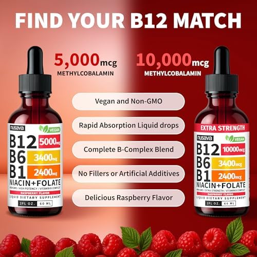 NUSAVA  2 Pack  Extra Strength Liquid Vitamin B12 Sublingual Vitamin B Complex   B12 Drops 10000mcg   Methylcobalamin for Energy  Brain  and Heart Support  Raspberry Flavor  2 floz  80 Servings