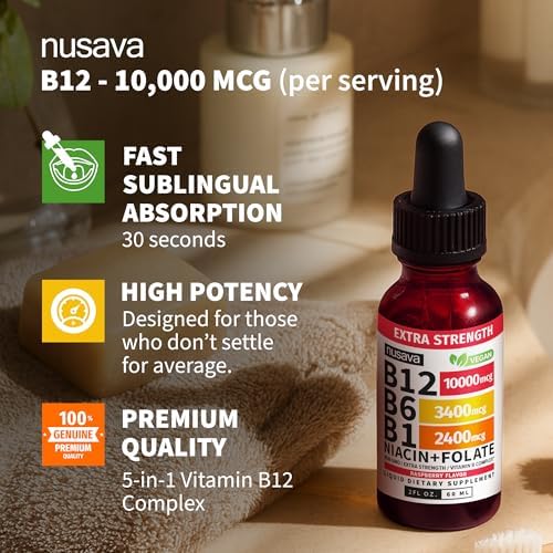 NUSAVA  2 Pack  Extra Strength Liquid Vitamin B12 Sublingual Vitamin B Complex   B12 Drops 10000mcg   Methylcobalamin for Energy  Brain  and Heart Support  Raspberry Flavor  2 floz  80 Servings