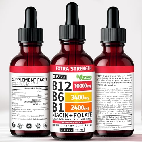 NUSAVA  2 Pack  Extra Strength Liquid Vitamin B12 Sublingual Vitamin B Complex   B12 Drops 10000mcg   Methylcobalamin for Energy  Brain  and Heart Support  Raspberry Flavor  2 floz  80 Servings