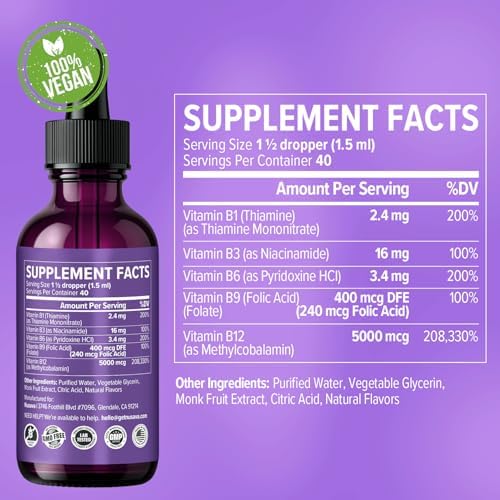 NUSAVA  2 Pack  Extra Strength Liquid Vitamin B12 Sublingual Vitamin B Complex   B12 Drops 10000mcg   Methylcobalamin for Energy  Brain  and Heart Support  Raspberry Flavor  2 floz  80 Servings
