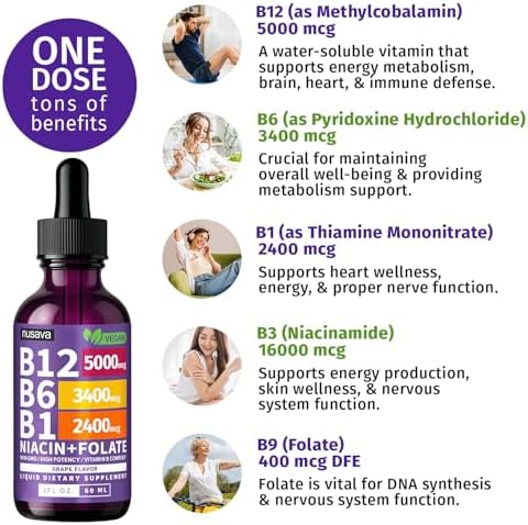 NUSAVA  2 Pack  Extra Strength Liquid Vitamin B12 Sublingual Vitamin B Complex   B12 Drops 10000mcg   Methylcobalamin for Energy  Brain  and Heart Support  Raspberry Flavor  2 floz  80 Servings