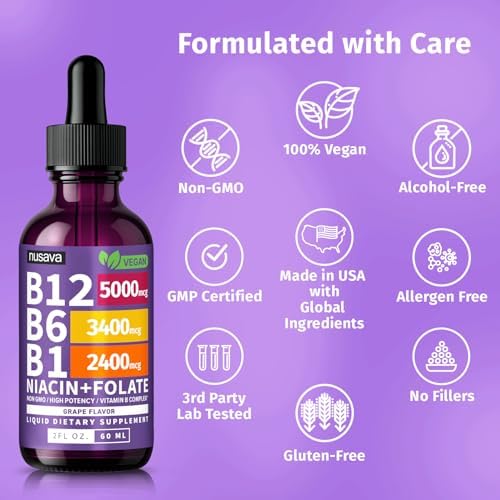 NUSAVA  2 Pack  Extra Strength Liquid Vitamin B12 Sublingual Vitamin B Complex   B12 Drops 10000mcg   Methylcobalamin for Energy  Brain  and Heart Support  Raspberry Flavor  2 floz  80 Servings