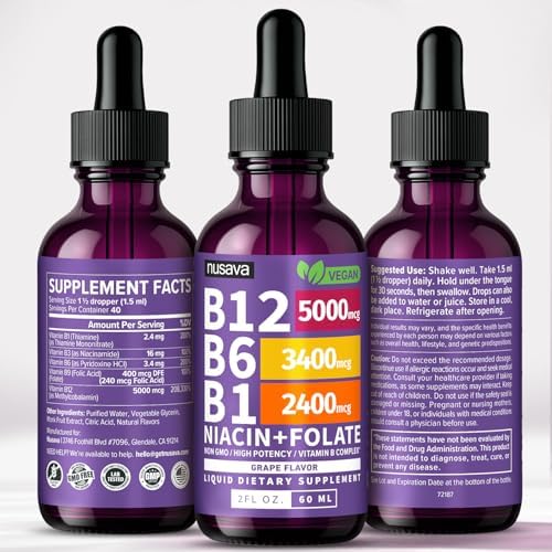 NUSAVA  2 Pack  Extra Strength Liquid Vitamin B12 Sublingual Vitamin B Complex   B12 Drops 10000mcg   Methylcobalamin for Energy  Brain  and Heart Support  Raspberry Flavor  2 floz  80 Servings