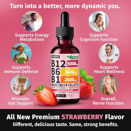 NUSAVA  2 Pack  Extra Strength Liquid Vitamin B12 Sublingual Vitamin B Complex   B12 Drops 10000mcg   Methylcobalamin for Energy  Brain  and Heart Support  Raspberry Flavor  2 floz  80 Servings