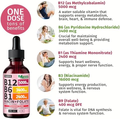 NUSAVA  2 Pack  Extra Strength Liquid Vitamin B12 Sublingual Vitamin B Complex   B12 Drops 10000mcg   Methylcobalamin for Energy  Brain  and Heart Support  Raspberry Flavor  2 floz  80 Servings